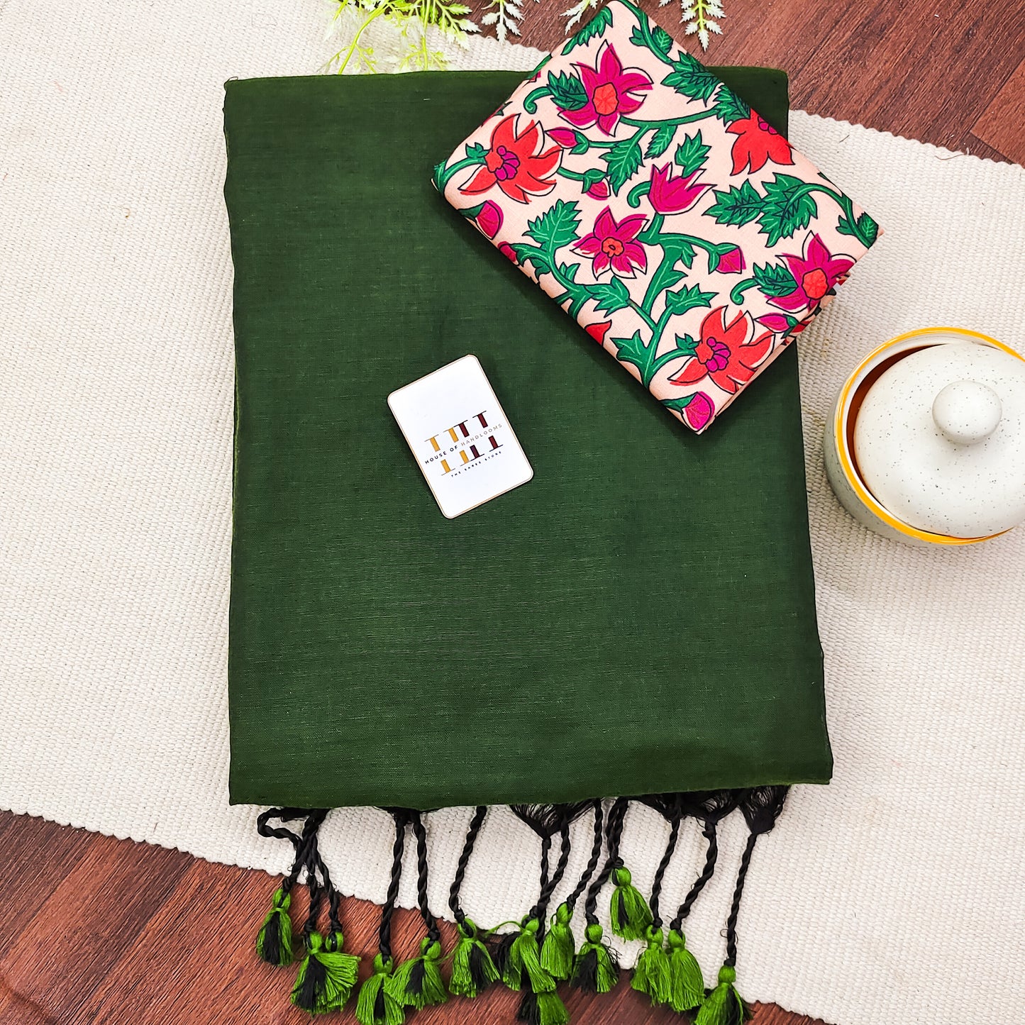 Emeralad Green Saree With Cream Floral Printed Blouse