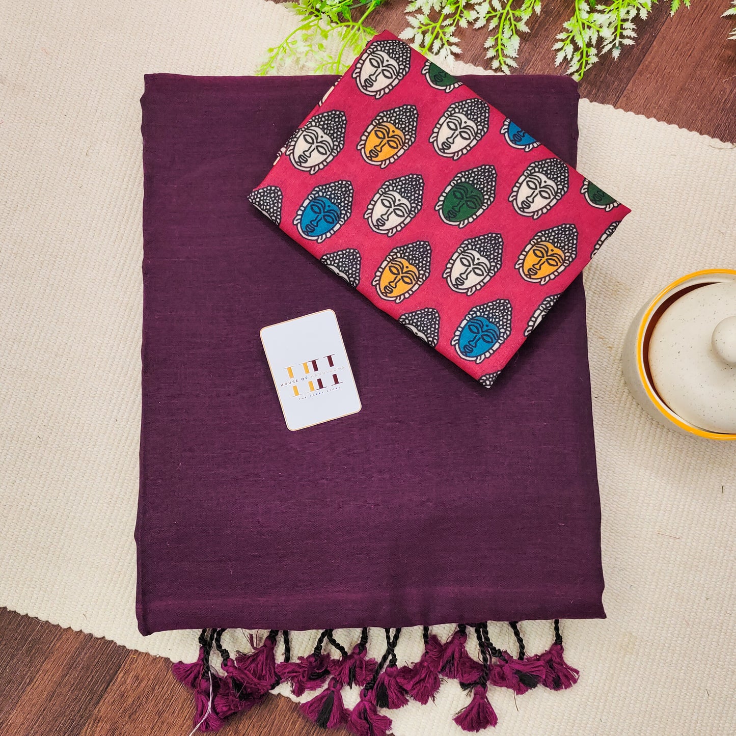 Plum Saree With Budha Printed South Design Blouse