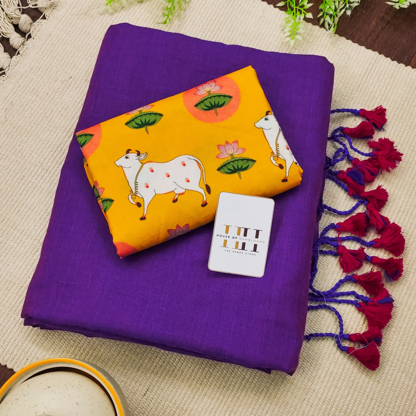 Indigo Purple Cotton Saree With Kalamkari Blouse