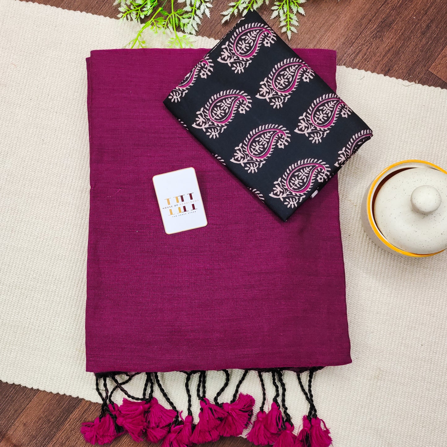 Beautiful purple saree with black floral printed blouse