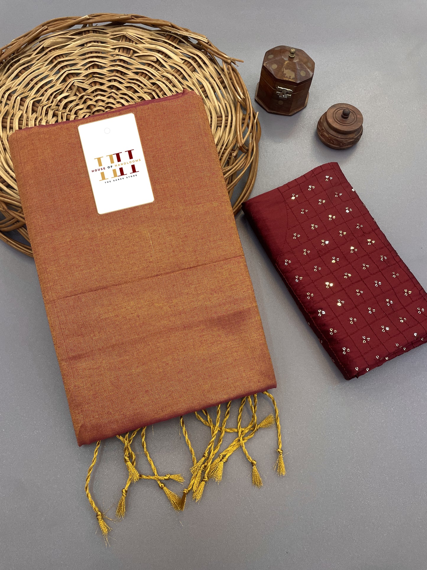 Light brown cotton tissue silk saree with seqence work blouse