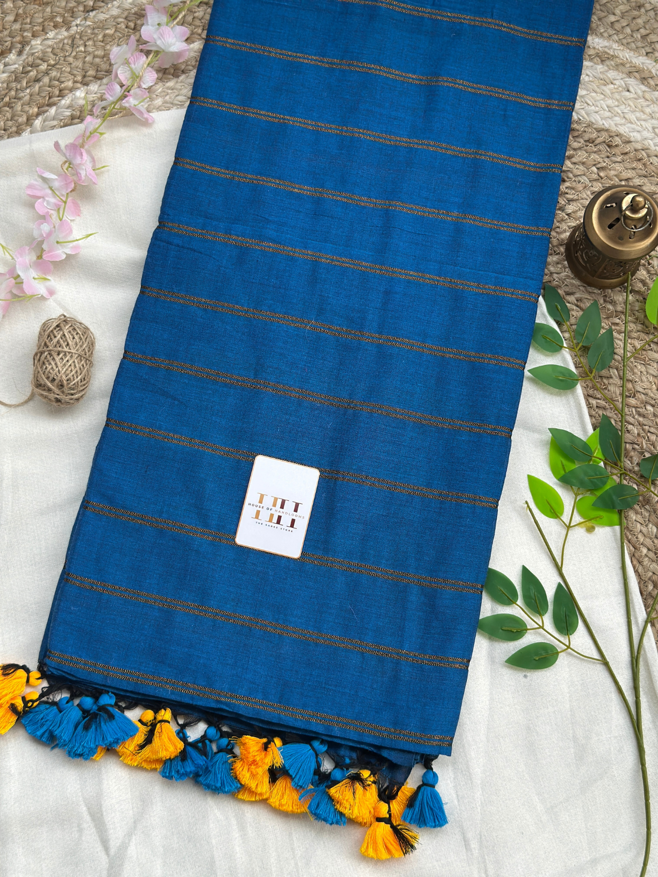 Rama blue dual stripe saree with matching blouse