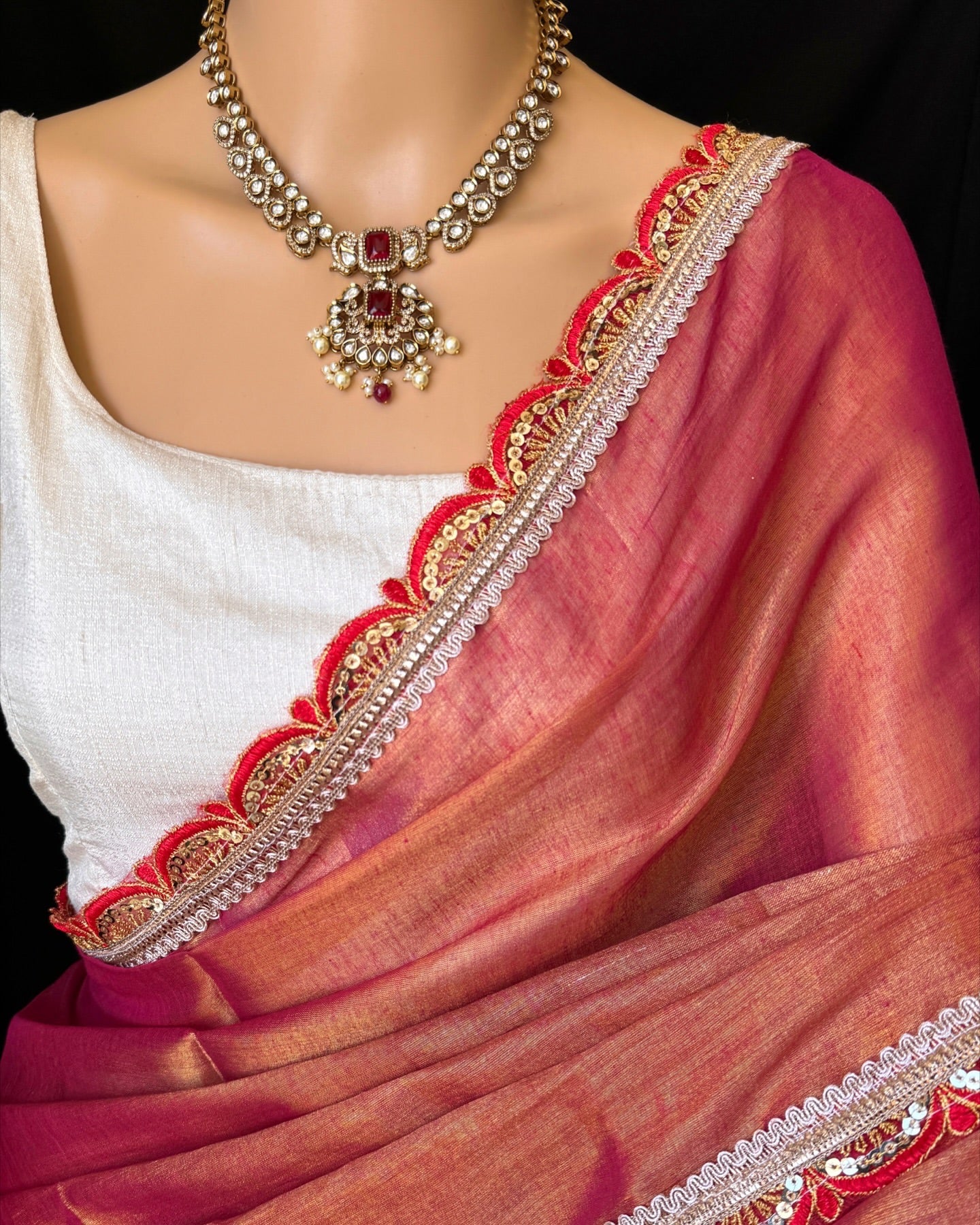 Mahi Red Cotton Tissue Silk Saree With Heavy Benglory Silk Blouse
