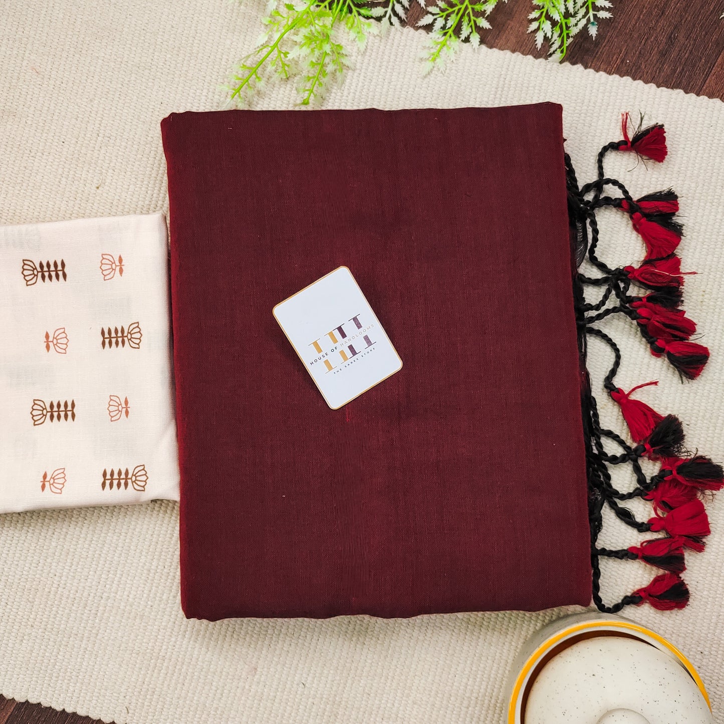 Matte Marron Cotton Saree With Cream Print Blouse