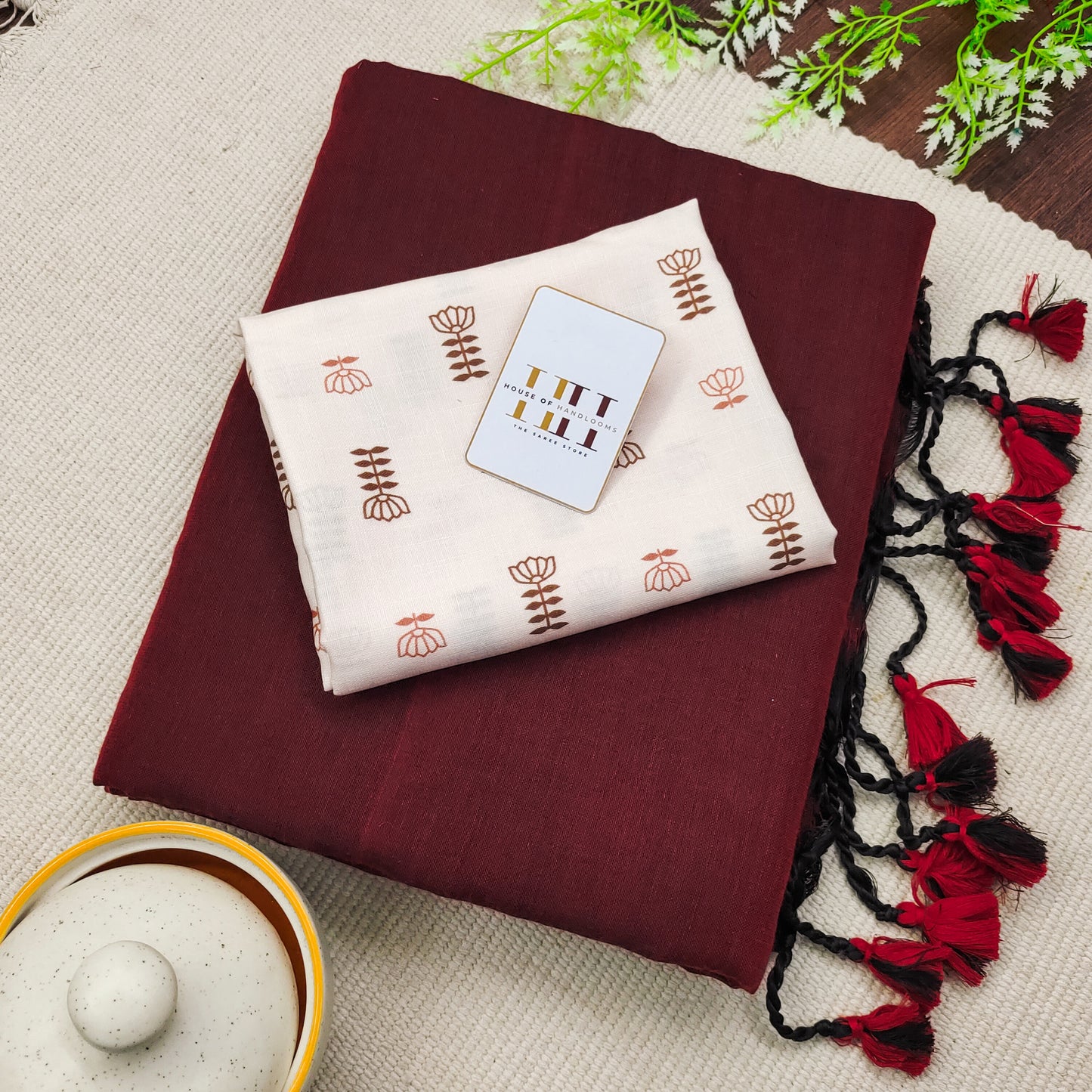 Matte Marron Cotton Saree With Cream Print Blouse