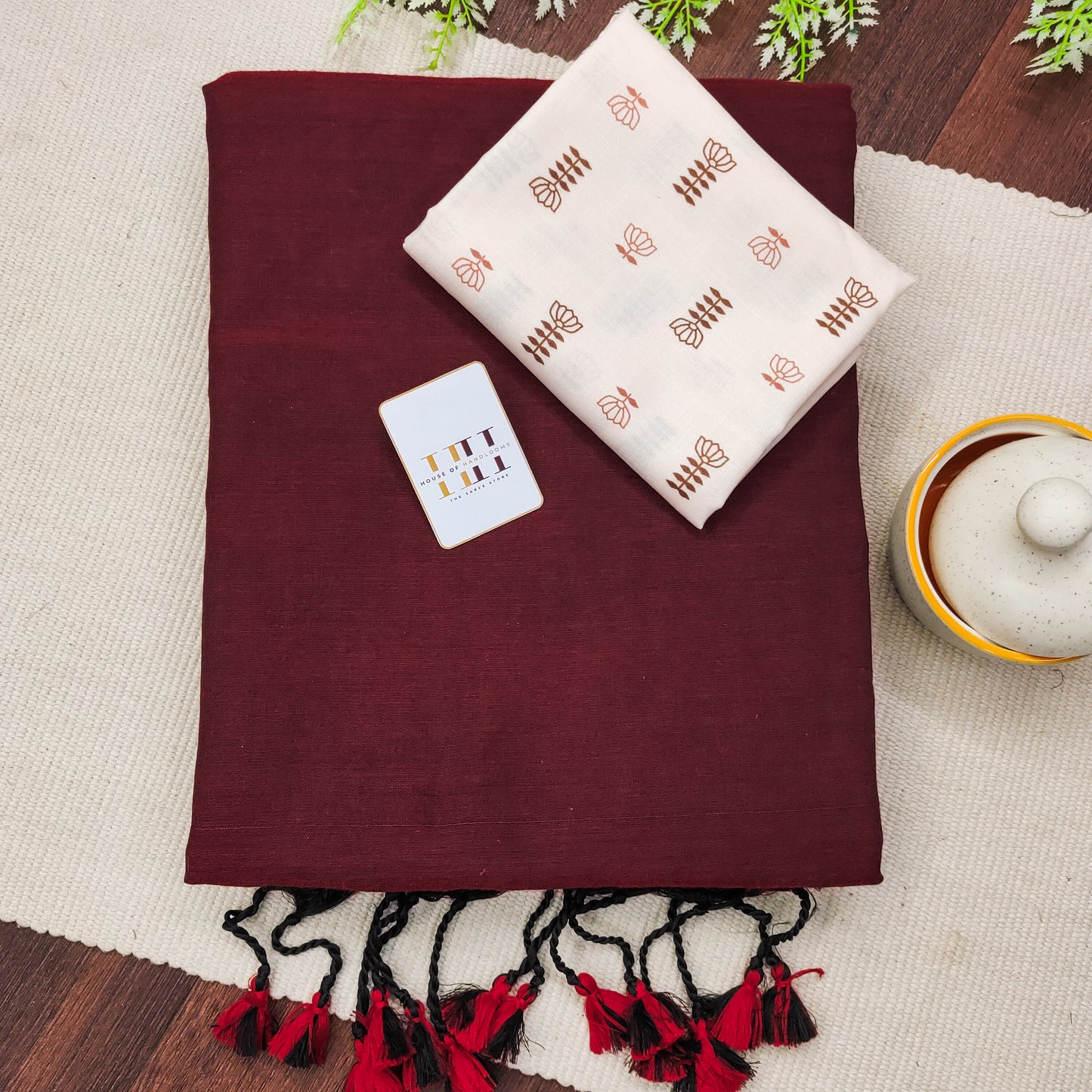 Matte Marron Cotton Saree With Cream Print Blouse