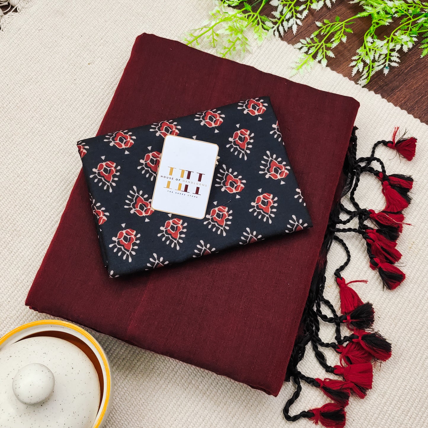 Marron Color Cotton Saree With Designer Print Blouse