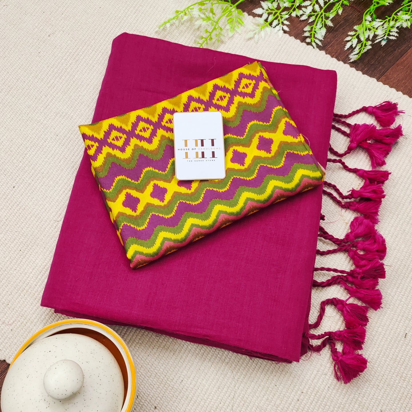 Magenta Pink Color Cotton  Handloom Saree