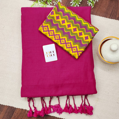 Magenta Pink Color Cotton  Handloom Saree
