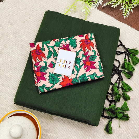 Emeralad Green Saree With Cream Floral Printed Blouse