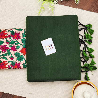 Emeralad Green Saree With Cream Floral Printed Blouse