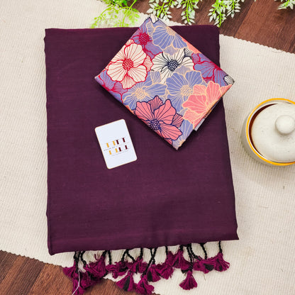 Wine Color Cotton Saree With Attractive Printed Bluse