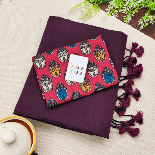 Plum Saree With Budha Printed South Design Blouse
