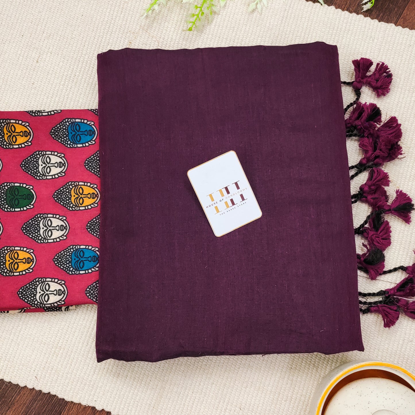 Plum Saree With Budha Printed South Design Blouse