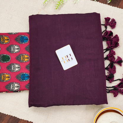 Plum Saree With Budha Printed South Design Blouse