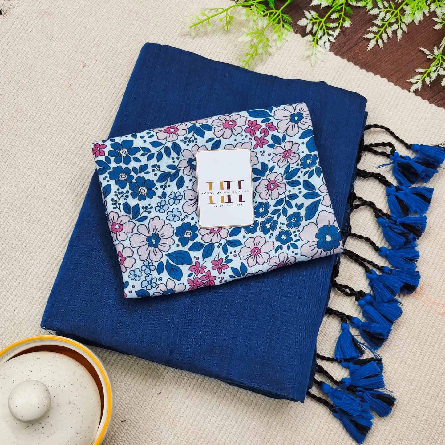 Navy Blue Cotton Saree With Flower Print Blouse