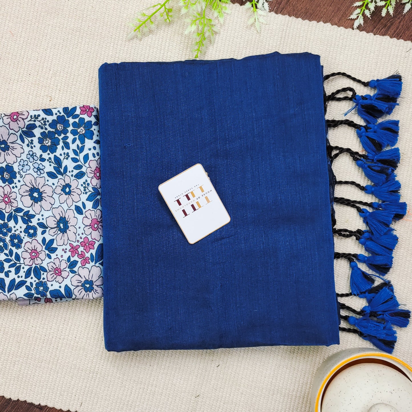 Navy Blue Cotton Saree With Flower Print Blouse