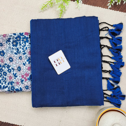 Navy Blue Cotton Saree With Flower Print Blouse