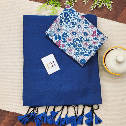 Navy Blue Cotton Saree With Flower Print Blouse