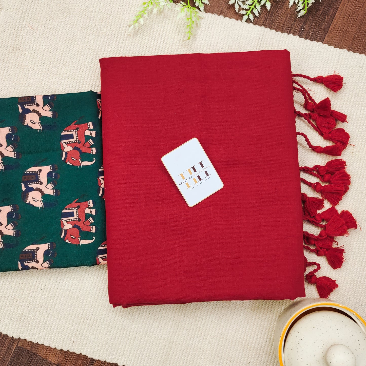 Sunset red saree with beautiful forest green  elephant printed blouse