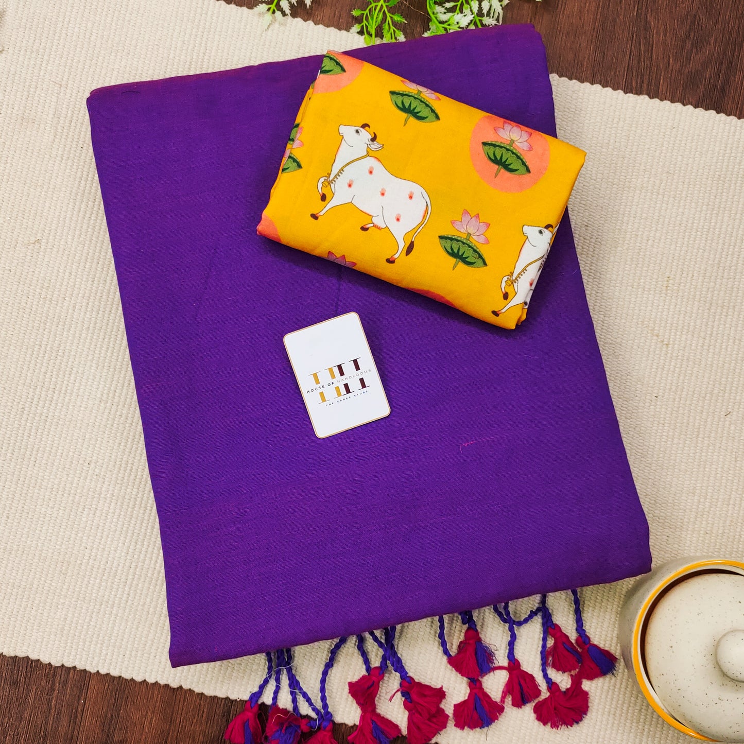 Indigo Purple Cotton Saree With Kalamkari Blouse