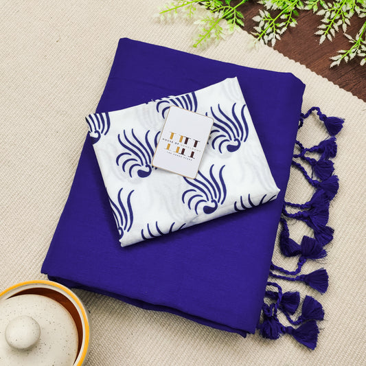 Royal Blue Saree With White Printed Blouse