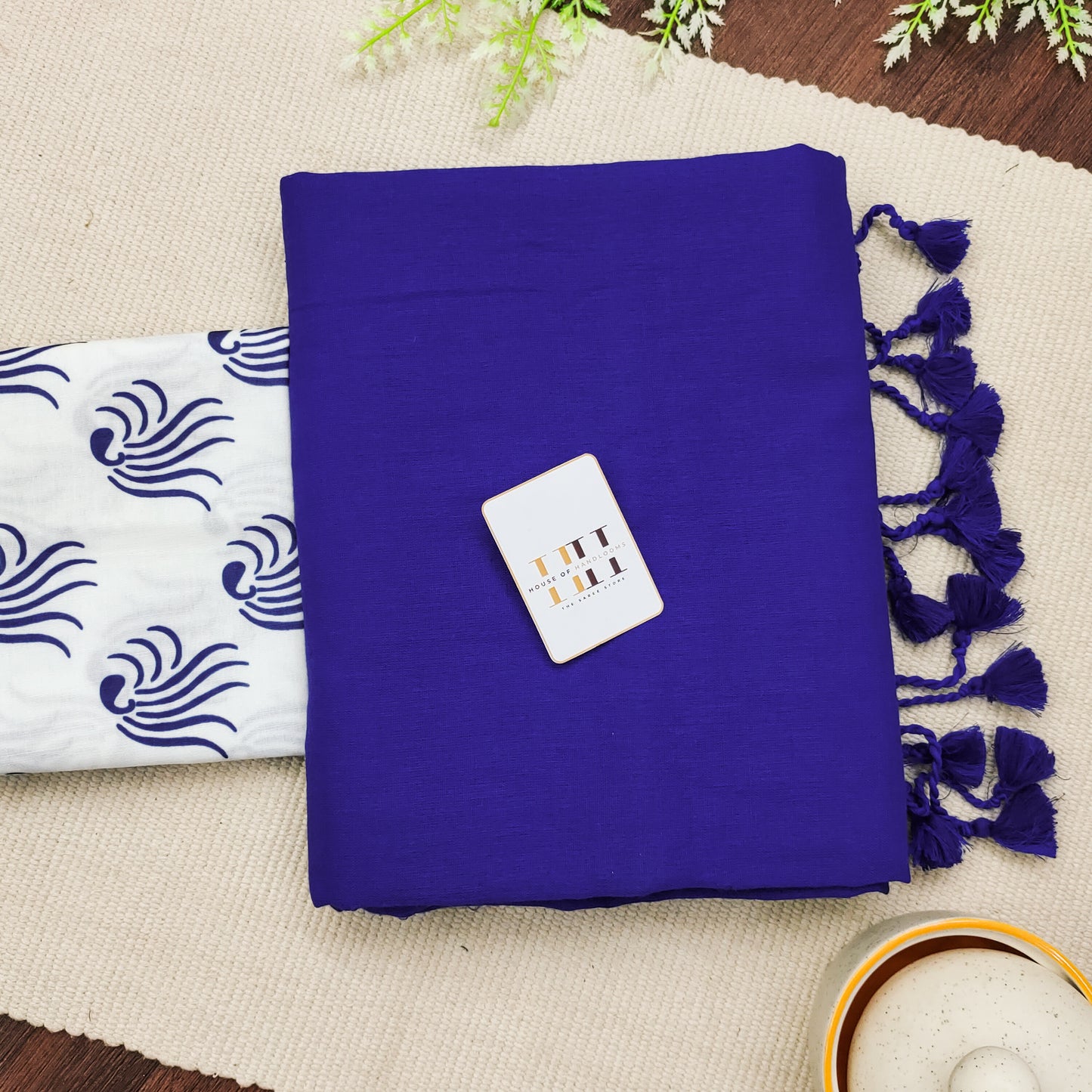 Royal Blue Saree With White Printed Blouse