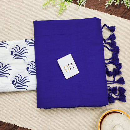 Royal Blue Saree With White Printed Blouse