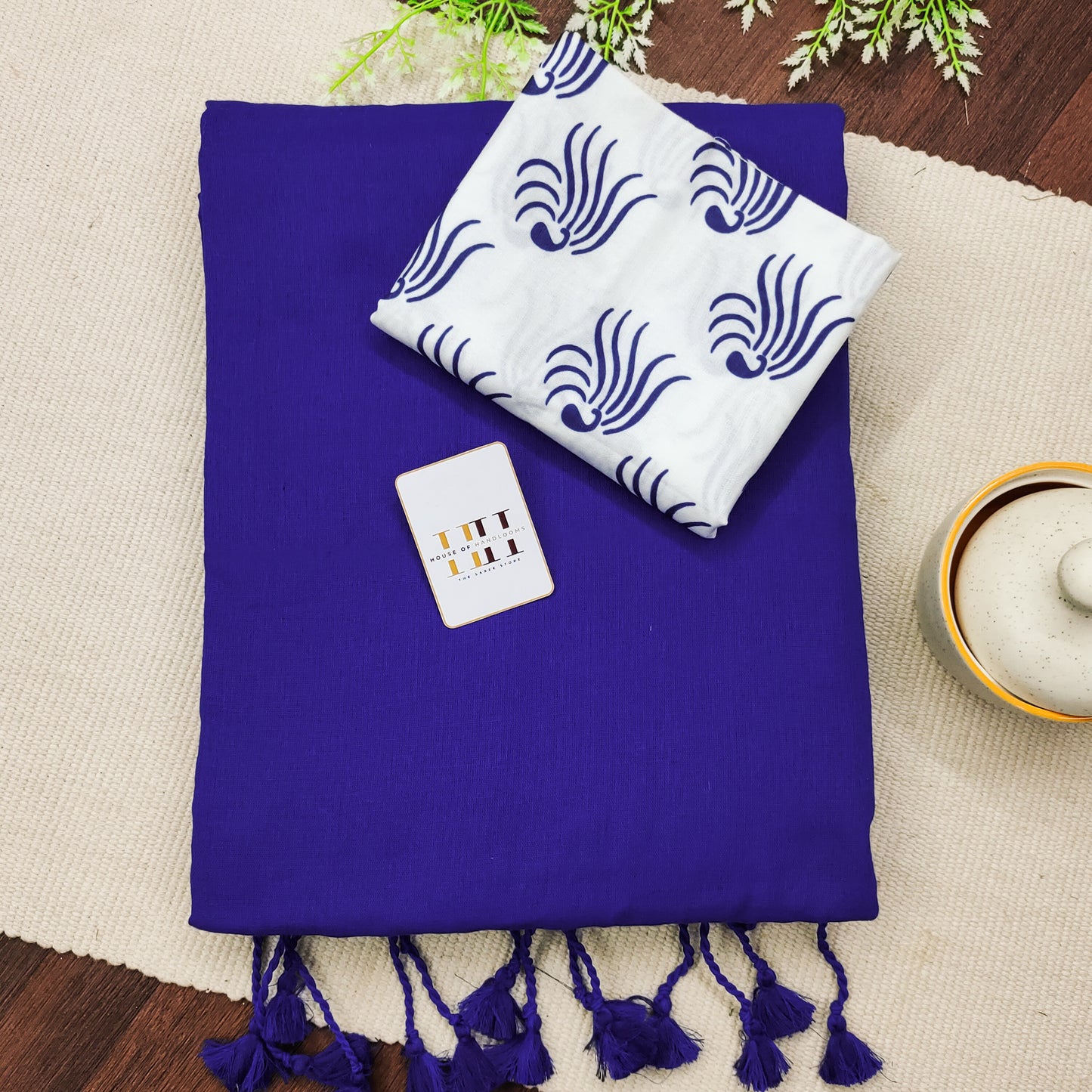 Royal Blue Saree With White Printed Blouse