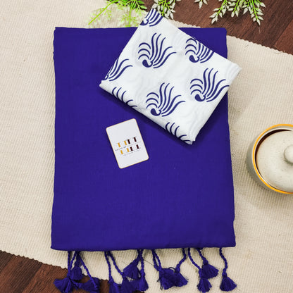 Royal Blue Saree With White Printed Blouse