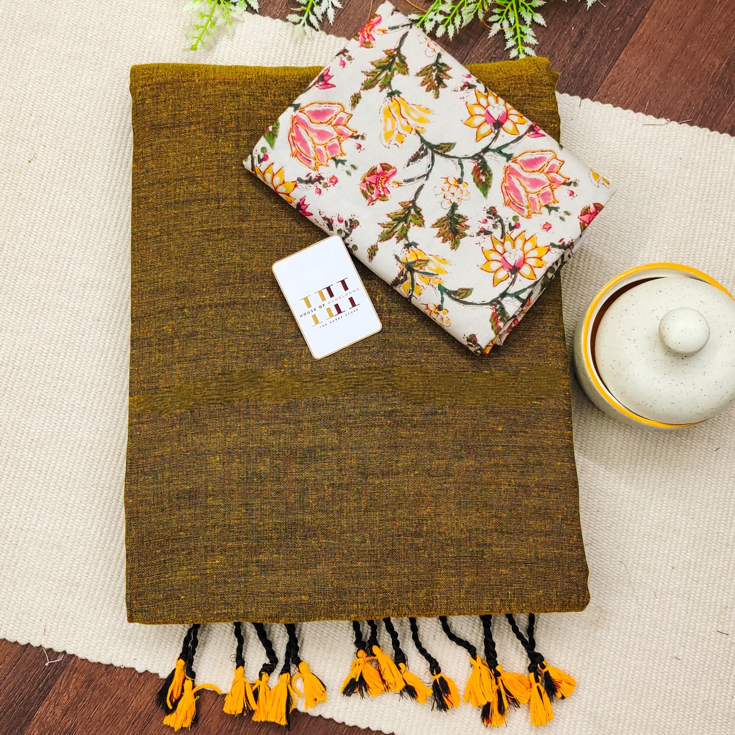 Mustard Handloom Saree With White Flower Printed Blouse