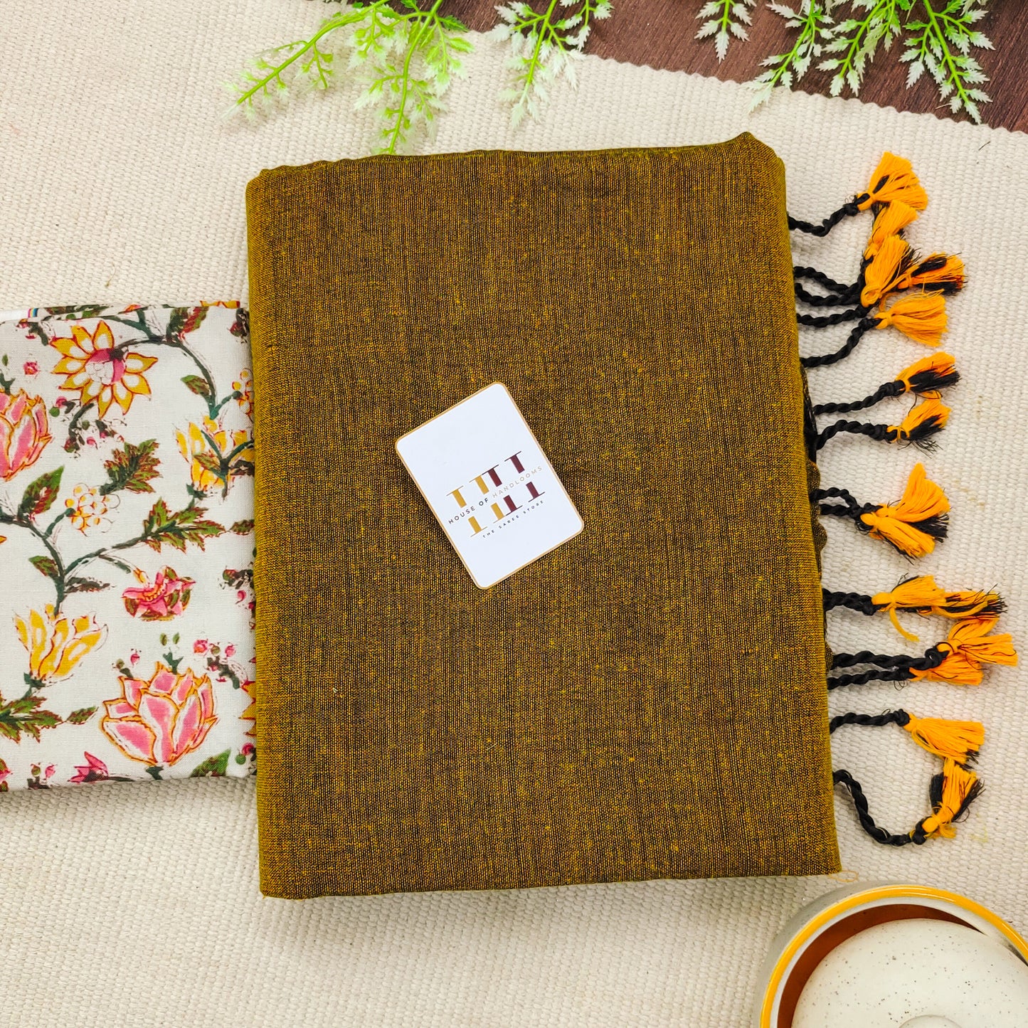 Mustard Handloom Saree With White Flower Printed Blouse