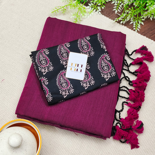 Beautiful purple saree with  black floral printed blouse