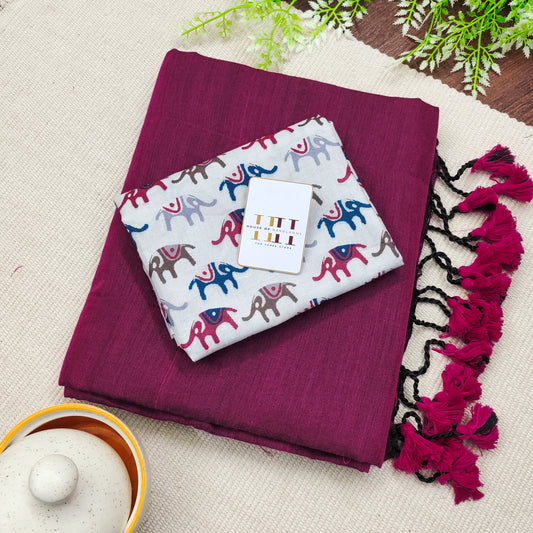 Gorgeous Grape Saree Paired With White Elephant Printed Blouse