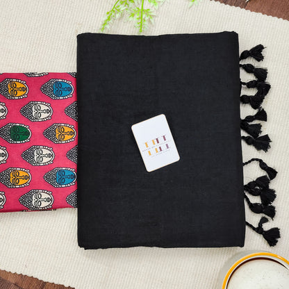 Midnight black saree with pink printed blouse