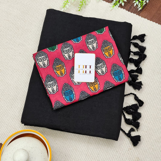 Midnight black saree with pink printed blouse