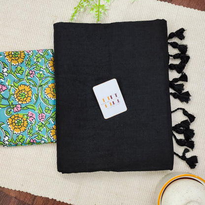 Royal black saree with sky blue flower printed blouse