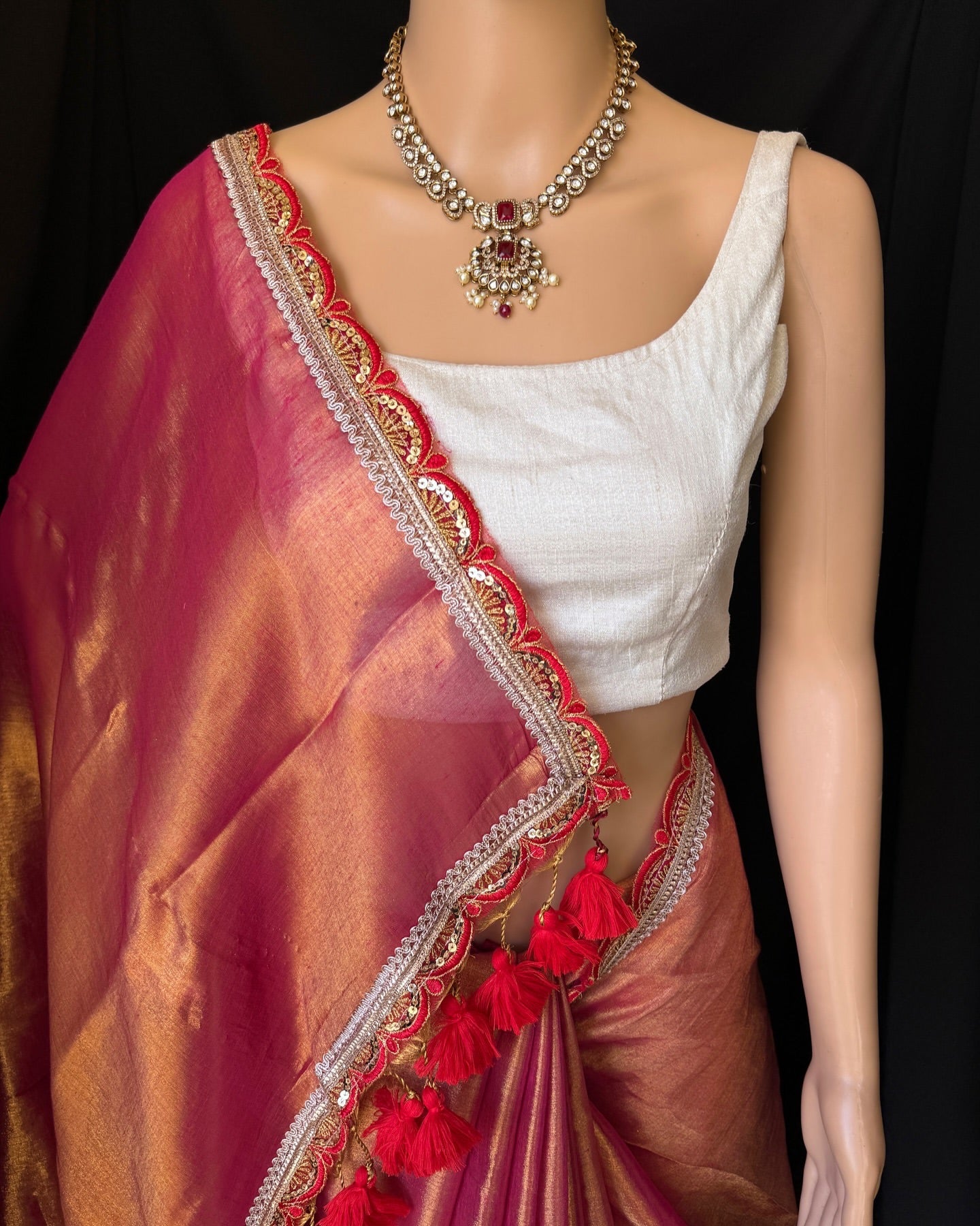 Mahi Red Cotton Tissue Silk Saree With Heavy Benglory Silk Blouse