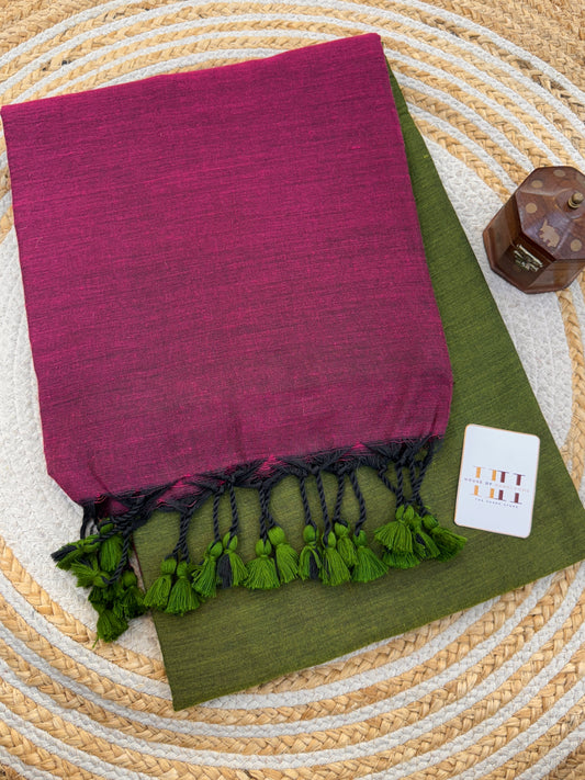 Beautiful two tone wine saree with mehendi green blouse