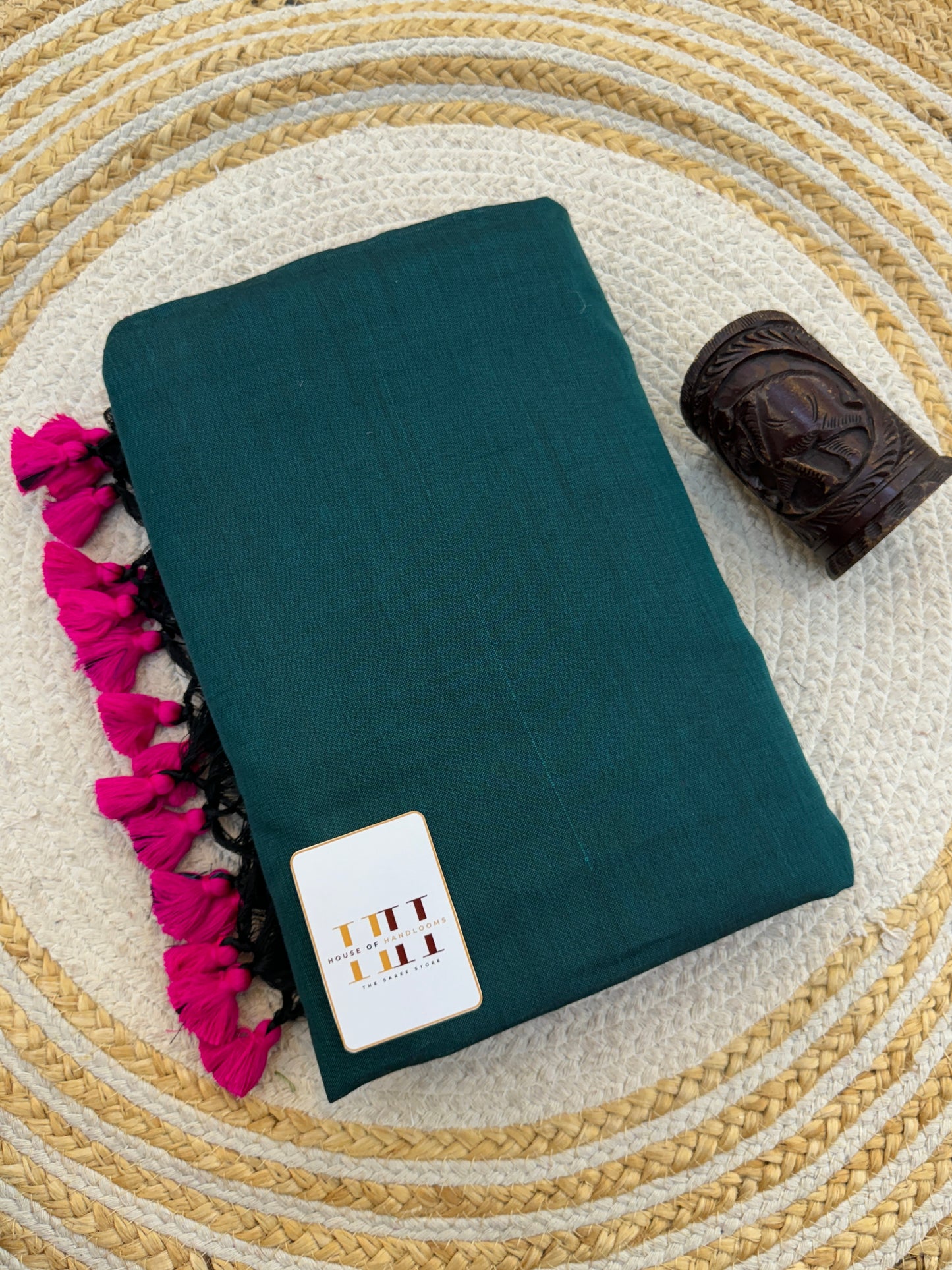 Rama green two tone cotton handloom saree with magenta pink blouse
