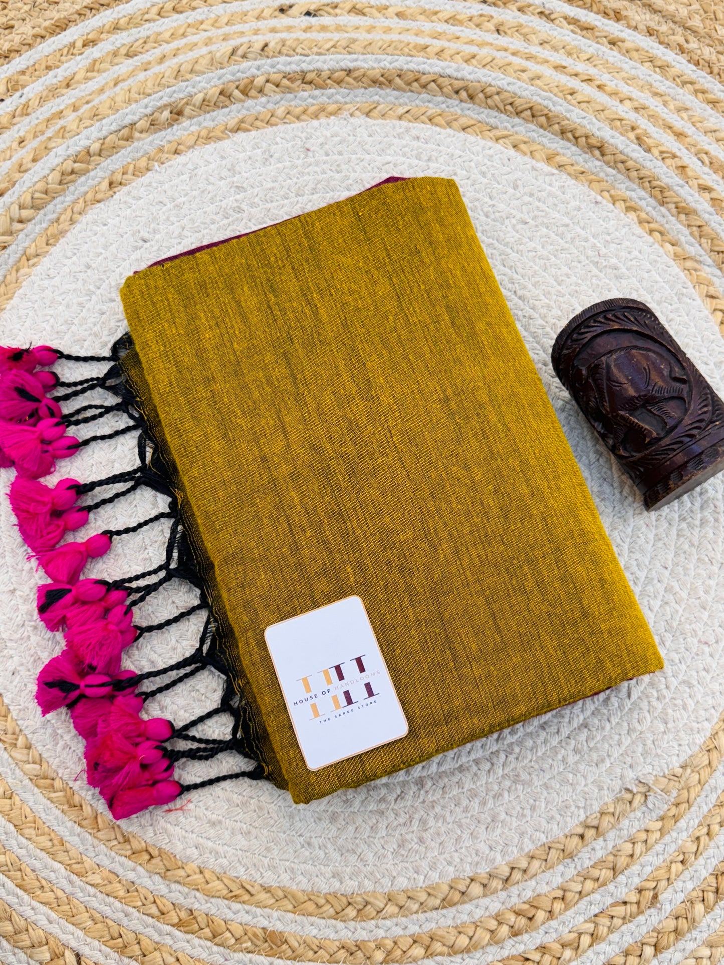 Traditional cotton handloom mustard saree with beautiful wine blouse