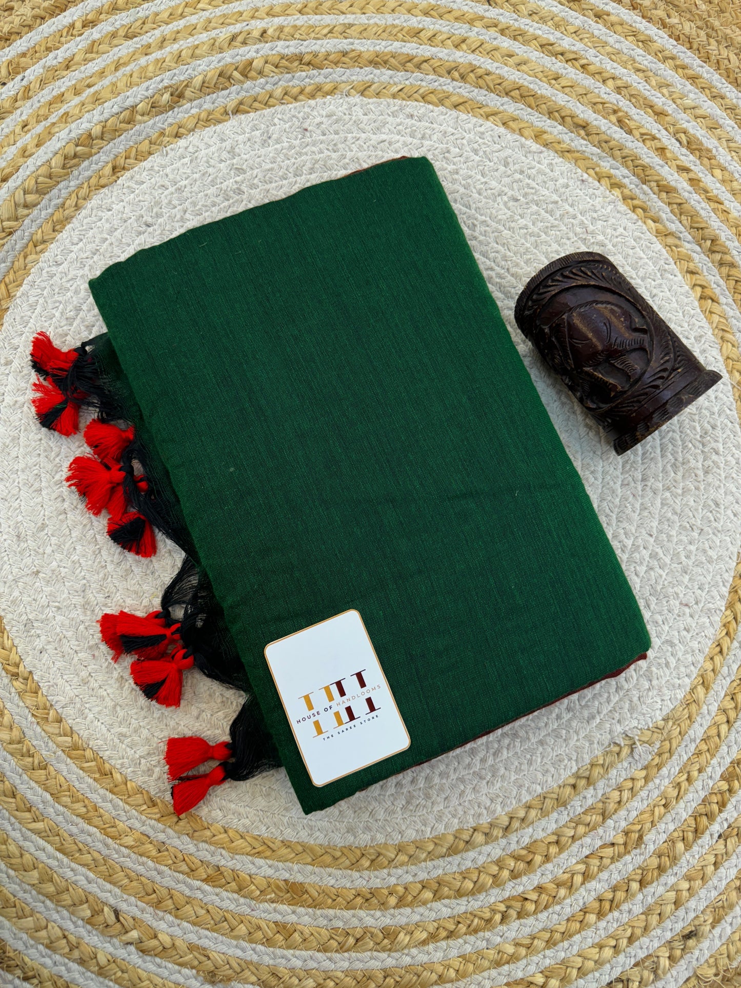 Pure khadi cotton dark green saree with maroon blouse