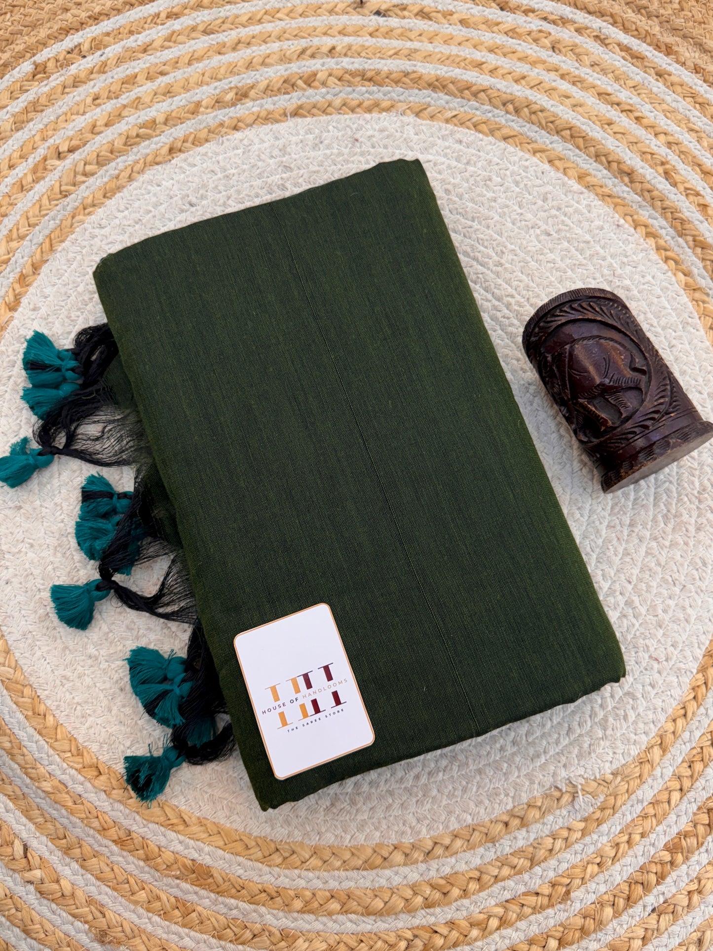 Deep Olive green cotton saree with rama green blouse