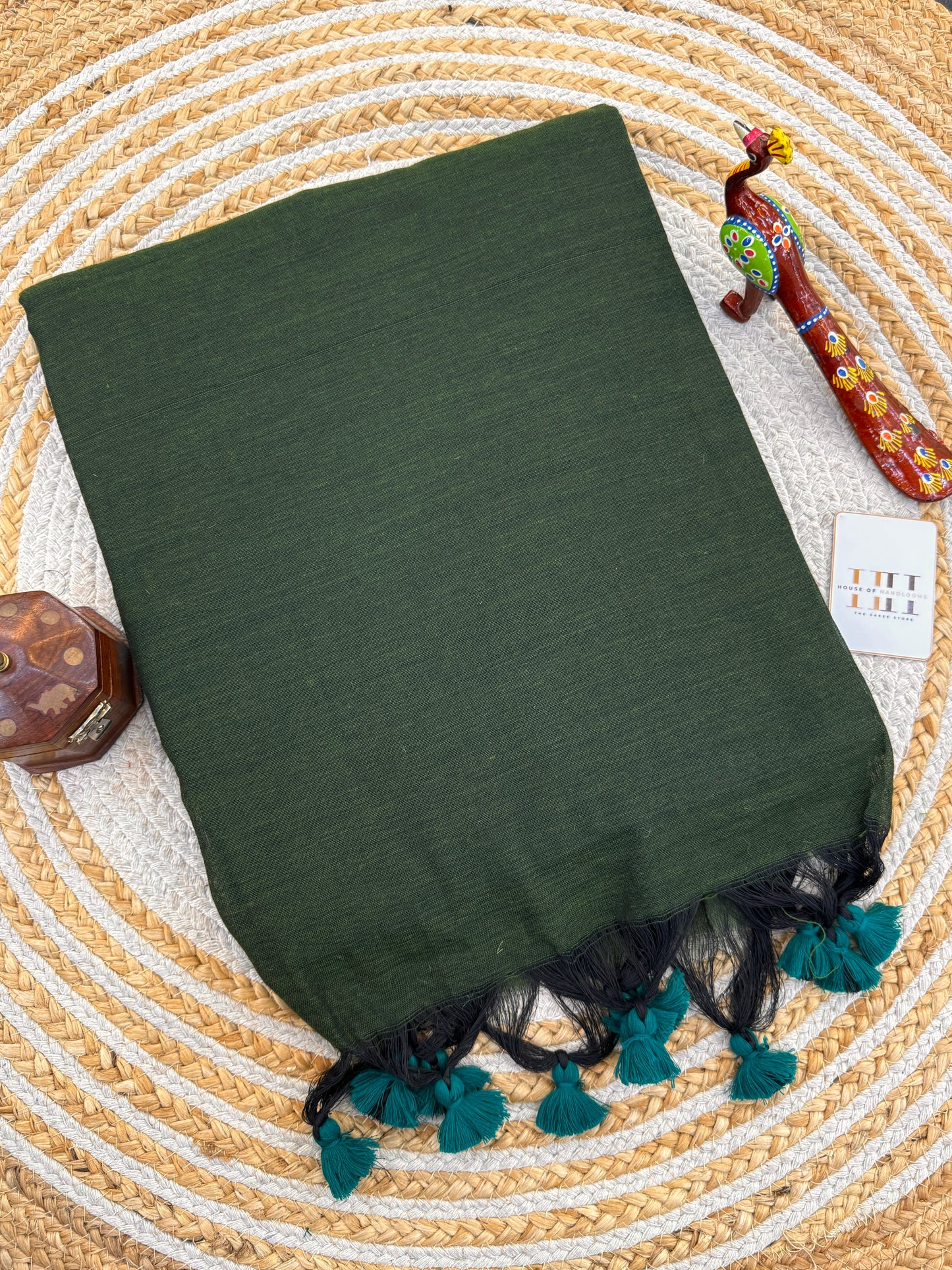 Deep Olive green cotton saree with rama green blouse