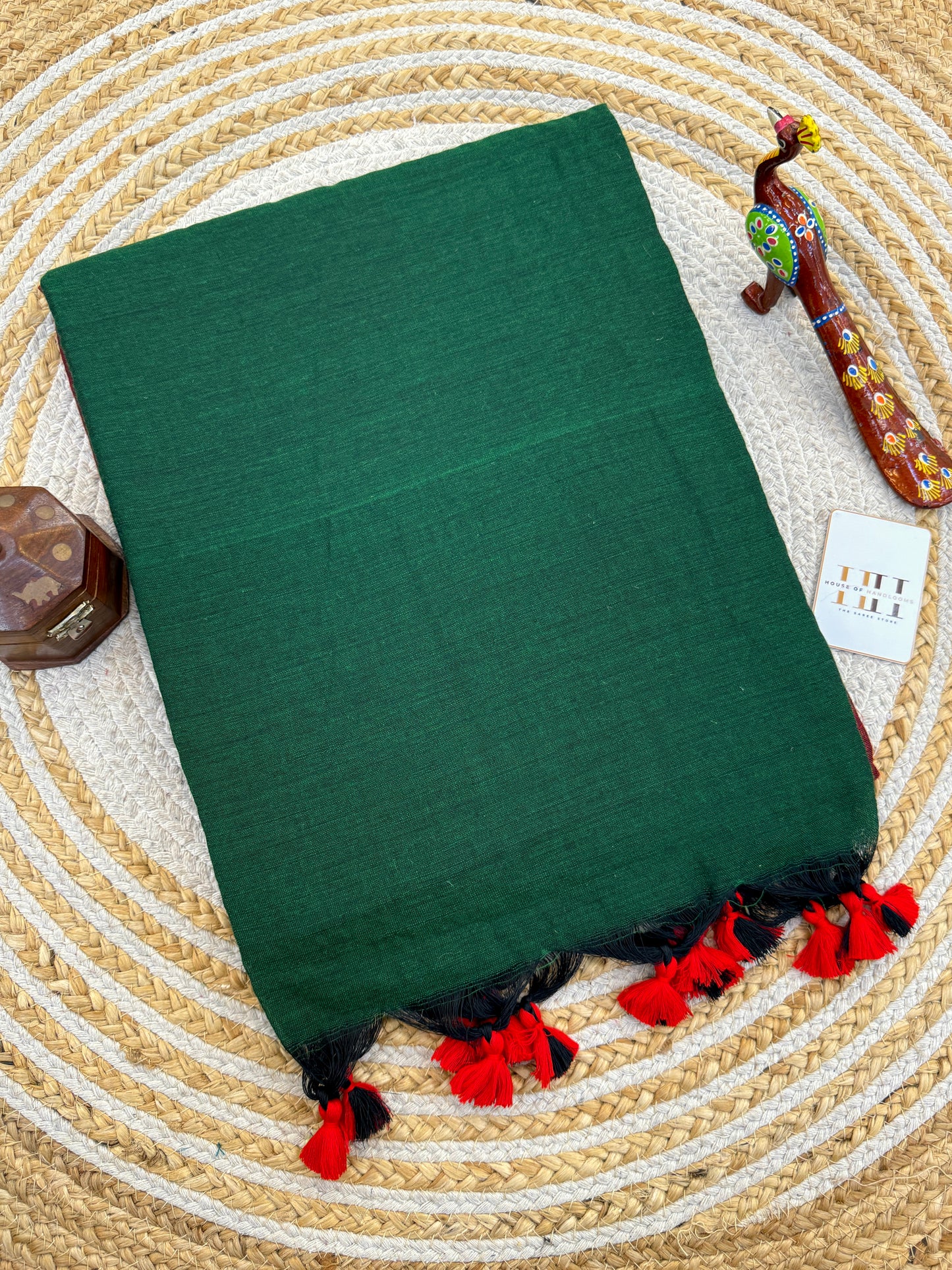 Pure khadi cotton dark green saree with maroon blouse