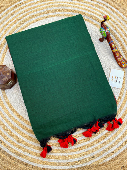 Pure khadi cotton dark green saree with maroon blouse