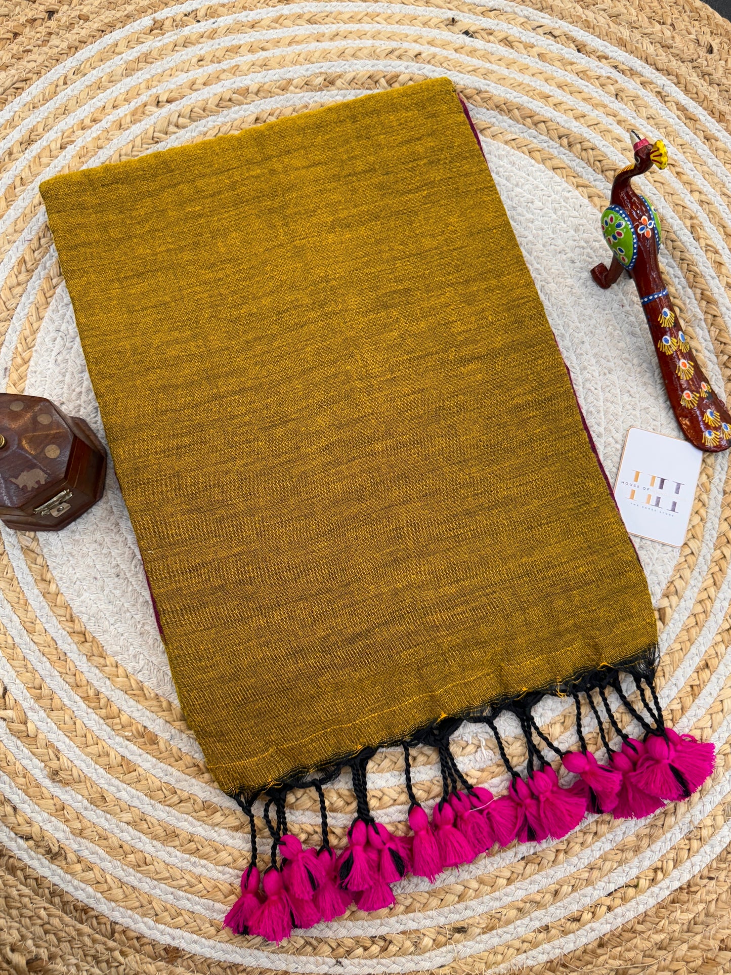 Traditional cotton handloom mustard saree with beautiful wine blouse