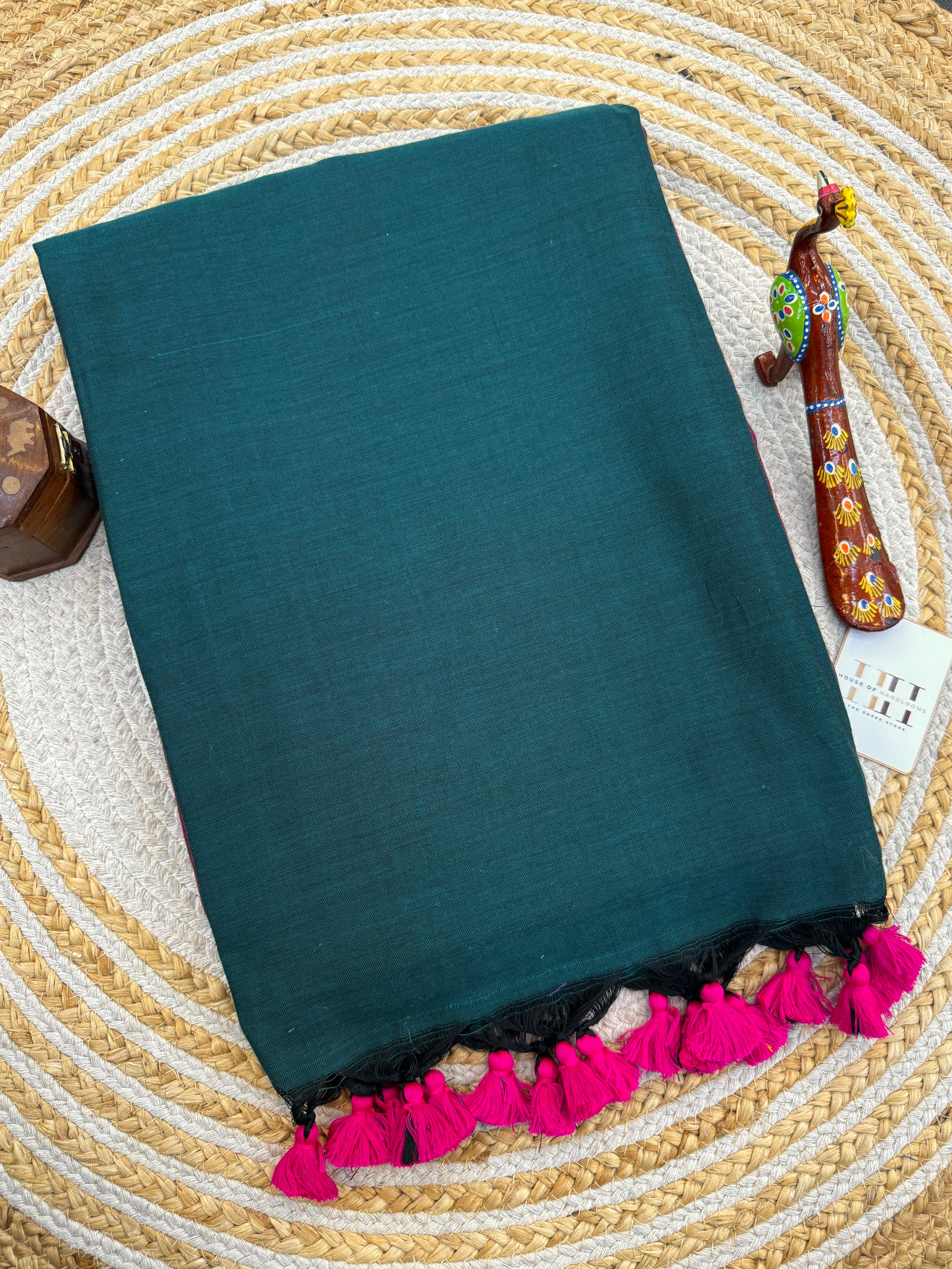Rama green two tone cotton handloom saree with magenta pink blouse