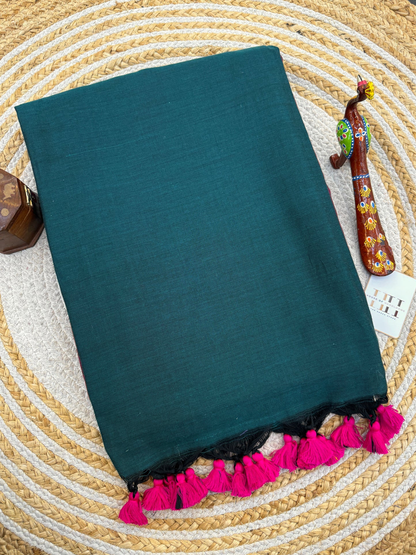 Rama green two tone cotton handloom saree with magenta pink blouse