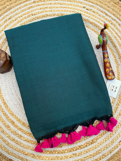 Rama green two tone cotton handloom saree with magenta pink blouse